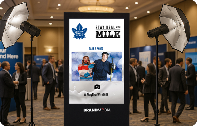 Guests-using-the-Brand-M3dia-AI-photobooth-kiosk